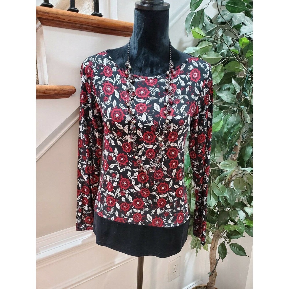 J.Jill Women's Black Floral Rayon Long Sleeve‎ Round Neck Casual Blouse Size XS
